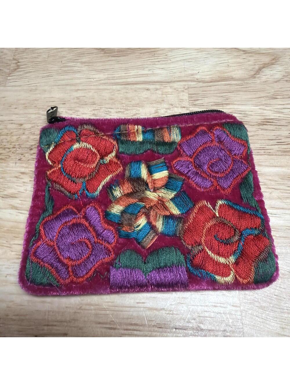 Handmade Guatemalan Zippered Coin Bag 4.5” X 3.5”  Embroidered Pink Velvety